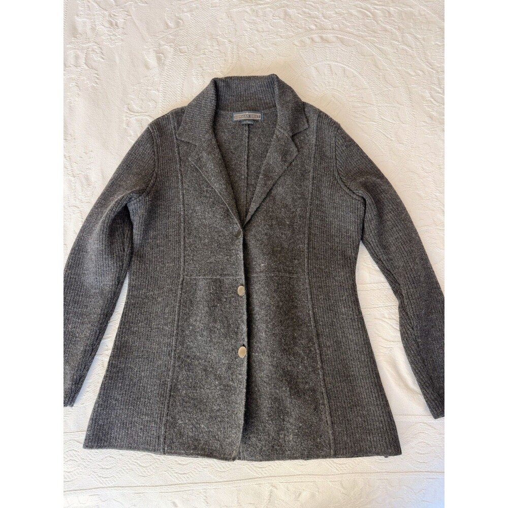 Herman Geist Women’s M 100% Wool Gray Sweater Jacket Knit Blazer Vintage Preppy - Picture 6 of 7